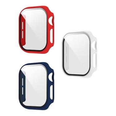 Imagem de XFEN Pacote com 3 capas multicoloridas com protetor de tela de vidro temperado para Apple Watch Series 10 de 46 mm, vermelho, branco, azul marinho, toque suave, fácil instalação, proteção de tela