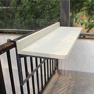 Imagem de JMCAJIE Mesa de metal para varanda, mesa de bar de varanda para trilhos, mesa de jantar dobrável de elevação, mesas laterais externas montadas na parede, mesa de parede dobrável para uso externo