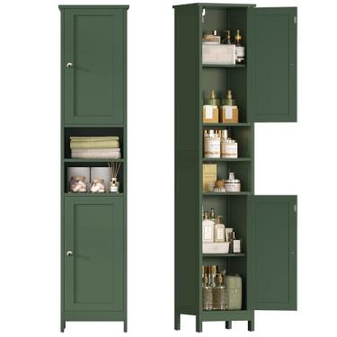 Imagem de TEENFON Armário de banheiro de 170 cm de altura com prateleiras e portas ajustáveis, armário de armazenamento de banheiro estreito para espaço pequeno, sala de estar, entrada, cozinha, verde