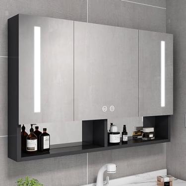 Imagem de AKALNNB Armários de espelho de LED para banheiro com desembaçador, armário de parede de banheiro de 101,6 cm x 68,5 cm com luzes, armário grande de alumínio para armazenamento de 3 portas