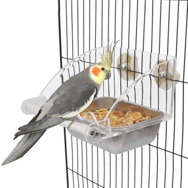 Imagem de Hypeety Comedouro transparente de periquito sem bagunça para gaiola de pássaros transparente com poleiro antiderrapante tigela de comida de aço inoxidável para periquitos, papagaios, periquitos