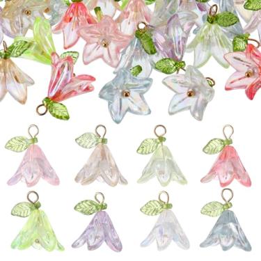 Imagem de Pingente de flor de lírio, 32 peças, pingentes de flores de acrílico com pingente de lírio floral de lírio com contas de pérolas, pingentes de cores, pequenos pingentes florais de primavera com folhas
