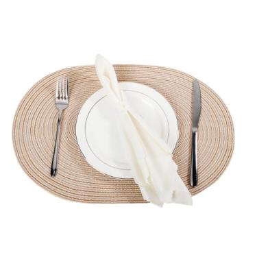 Imagem de Tnvamk Jogo americano oval, conjunto de 6 - tapetes de mesa de algodão trançado, resistentes ao calor, tapetes de casa de fazenda, antiderrapante, boho, decoração de cozinha, 35,5 x 50,8 cm - bege