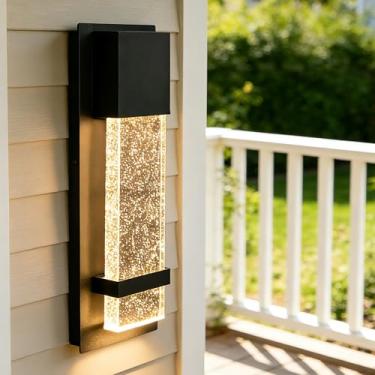 Imagem de Arandela de parede externa de LED moderna, luminária de parede externa preta de 35 cm com vidro bolha de cristal, luz externa com fio para varanda, pátio, garagem, luzes de ônibus, arandela à prova