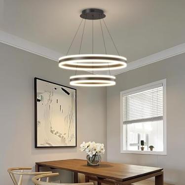 Imagem de Lustres modernos para sala de jantar, lustre de LED de 2 anéis para sala de estar, pingente de luz suspensa círculo preto com controle remoto para quarto, altura ajustável, 3000-6500K regulável