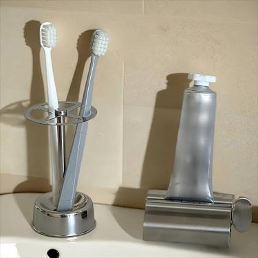 Imagem de 2 peças de rack de armazenamento de escova de dentes e espremedor de pasta de dente, aço inoxidável 304, adequado para armazenamento de escova de dentes