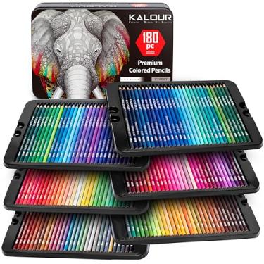 Imagem de KALOUR Conjunto de 180 lápis de cor para artistas adultos - núcleo macio de pigmento rico -12 lápis metálicos - ideal para colorir, desenhar, esboçar, misturar sombras, cores vibrantes (caixa de lata)