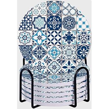 Imagem de Porta-copos Para Bebidas, Azulejos De Mosaico Mistos Históricos Portugueses Com Motivos De Cerâmica Marroquina Impressão Artística, Porta-copos Absorventes Com Suporte Conjunto De 6 Porta-copos Pa