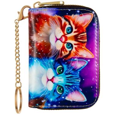 Imagem de Porta-cartões de crédito para mulheres, carteira com porta-cartões RFID – Capa fina de couro com zíper – Porta-chaves pequenas femininas, Gatos fofos roxos, Small, Americana, clássica, minimalista,