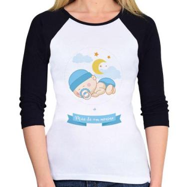 Imagem de Baby Look Raglan Mãe de um menino Manga 3/4 - Foca na Moda, Branco, Pr