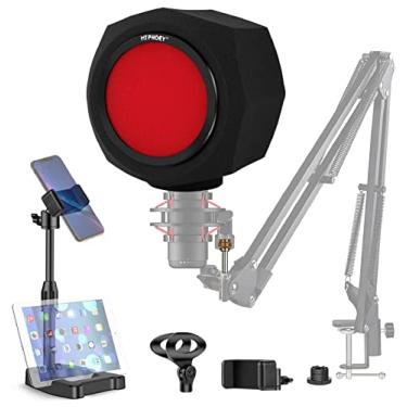 Imagem de Filtro pop de para-brisas de microfone, filtro de gravação, protetor de filtro de microfone de espuma absorvente de som para microfone grande, equipamento de estúdio interno e externo com suporte de microfone e suporte de telefone