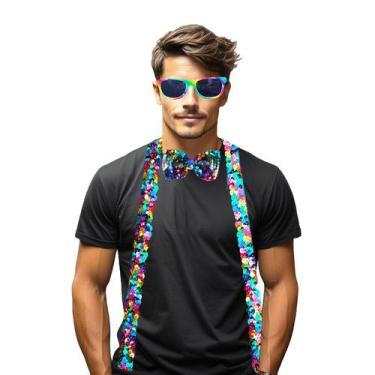 Imagem de Kit Suspensório Arco-Íris LGBT Lantejoula Paetê: Óculos + Gravata + Su