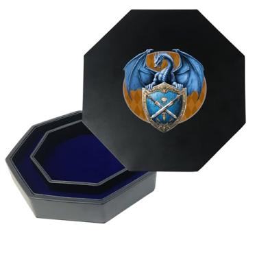 Imagem de Bandeja de dados DND com armazenamento, bandeja octogonal RPG de 23,5 cm, bandeja de dados forrada de feltro azul real com tampa (dragão e escudo)
