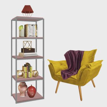 Imagem de Kit Poltrona Fatte com Manta Soft Bordô e Estante Livreiro Ferro Cinza mdf Rose Suede Amarelo - Ahazzo Móveis