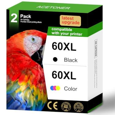 Imagem de Pacote combo de cartuchos de tinta 60XL de substituição para HP 60 60 XL alto rendimento para PhotoSmart C4780 C4680 C4795 C4640 Deskjet F4480 F4440 F2430 Envy 110 120 111 114 (1 preto, 1 tricolor). )