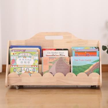 Imagem de Nuvograin Estante infantil dupla face com rodas, estante infantil, suporte para livros infantis, estante móvel de madeira para bebês de 3 camadas, prateleira de exibição de livros infantis de fácil
