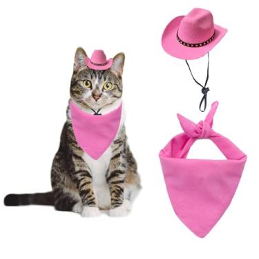Imagem de AWOCAN 2 peças de chapéu de cowboy para cães e gatos com bandana cachecol mini chapéu de cowboy para cães, gatos, férias, Halloween, decoração de festa para animais de estimação (estilo rosa 2