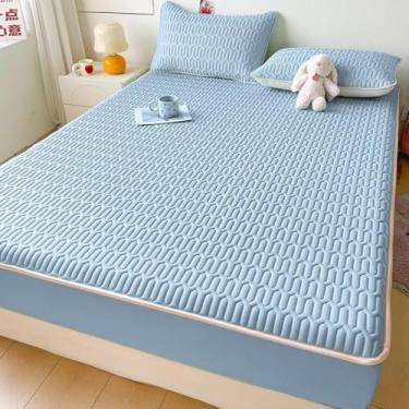Imagem de Protetor de colchão à prova d 'água, adequado para a pele, ajuste fácil, almofada macia, protege com tiras elásticas, cor sólida, lavável, capa de cama, protetor de colchão respirável - Azul. Duplo