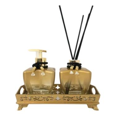 Imagem de Kit Decorativo com Bandeja Espelhada Rosê, Saboneteira e Difusor em Vidro, Elegância para Lavabo, Banheiro ou Quarto, 250ml Cada, Magicrildecor (Dourado)