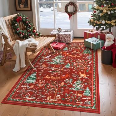Imagem de LIVEBOX Tapete de Natal lavável de 7,5 x 12,5 cm, tapete de entrada pequeno, antiderrapante, árvore vermelha, Papai Noel, floresta animal para quarto, sala de estar, tapete de pelo baixo para cozinha