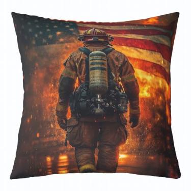 Imagem de jejeloiu Capas de almofada de bombeiro 61 x 61 cm com bandeira americana para crianças, conjunto de 1 para meninos, meninas, adolescentes, bombeiros, carros, veículos, fronhas, decoração de casa