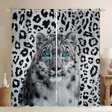 Imagem de Cortinas de janela de leopardo de neve, cortina moderna com estampa de pele de leopardo branco e preto para decoração de quarto, cortina mítera de guepardo de animais selvagens da selva com 2 painéis