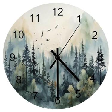Imagem de LOMADIA Relógio de parede floresta, silencioso, sem tique-taque, madeira, estilo aquarela, natureza, montanha, floresta, verde, pássaros, voando, relógio de parede, operado por bateria, cozinha