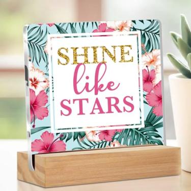 Imagem de Decoração de mesa de acrílico floral com suporte 10 x 10 cm, placas decorativas de mesa Shine Likes Star para casa, sala de estar, terapeuta, escritório, prateleira, cubículo, presentes inspiradores