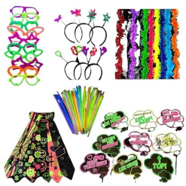Imagem de Kit Festa Neon 150 Peças Com Pulseira Neon Para Festa Óculos Tiaras Gravatas Plaquinhas Marabus