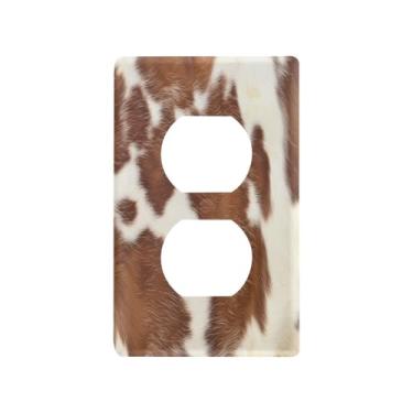 Imagem de Blueangle Placa de parede com estampa de vaca branca e marrom, tamanho padrão, placas de cobertura de tomada elétrica de 1 gangue para decoração de quarto de escritório em casa, 4,53 x 2,76 polegadas