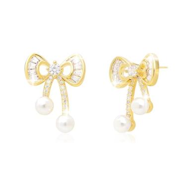 Imagem de Frigotine Brincos femininos com laço de pérola dourada e prateada, delicados, brilhantes, strass, assimétrico, fita, laço, presente de Natal, acessórios de casamento, joias modernas, Aço inoxidável