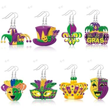 Imagem de AUGSUN Brincos de acrílico Mardi Gras 8 pares com 8 estilos, conjunto de brincos de acrílico roxo verde amarelo brincos pendentes para mulheres, acessório de festa de carnaval