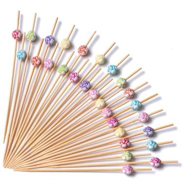 Imagem de (Assorted Color Rose) - Putwo Cocktail Picks Bamboo Handmade Appetiser Toothpicks 4.7" 100ct Assorted Colour in Rose Shape