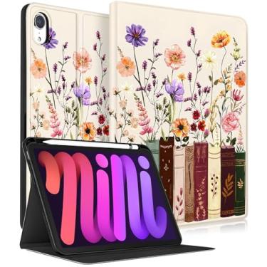 Imagem de Wazzasoft for iPad A17 Pro (Mini7) Case 2024/Mini 6 Case 2021 8.3 Inch - Smart Folio Cover (Auto Wake/Sleep) with Build-in Pencil Holder for Apple Tablet Cover for Women Girls,Flowers