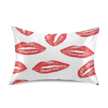 Imagem de ATTX Fronha de cetim Red Lips Dia dos Namorados com fecho de envelope, macia e refrescante para cabelo e pele, tamanho padrão 534 x 66 polegadas (534)