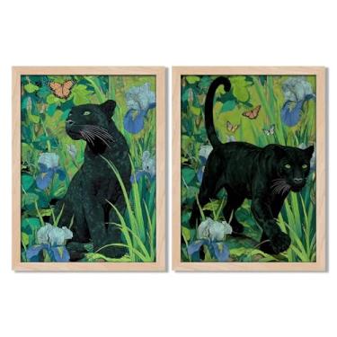 Imagem de Impressão em tela emoldurada de pantera negra com folha e sabedoria com capa acrílica, arte de animais da selva tropical em moldura de madeira maciça, decoração de parede de natureza moderna para sala