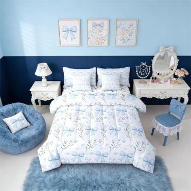 Imagem de Erosebridal Jogo de cama de 7 peças com laço, floral, lençol com estampa de coração, azul, em uma bolsa, lindo laço de princesa, para crianças, meninas e mulheres