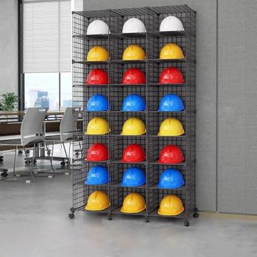Imagem de Caixas de armazenamento empilháveis de capacete de segurança com rodas - Rack de exibição de capacete rígido, 24 grades, 8 camadas, organizador de chão para construção, garagem, oficina, uso em
