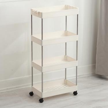 Imagem de Carrinho de armazenamento fino com rolamento - Estante móvel de 4 níveis, carrinho utilitário de plástico para cozinha, lavanderia, organizador de banheiro - Design que economiza espaço, fácil de