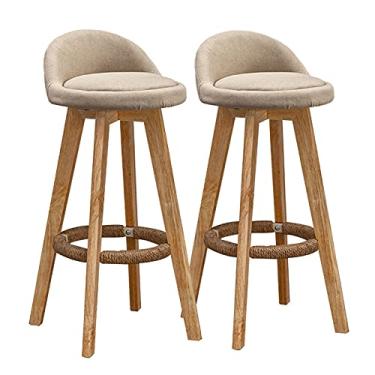 Imagem de Conjunto de 2 bancos de bar de madeira - Bancos de bar com encosto baixo com moldura de madeira e apoio para os pés para cozinha, pub, cafeteria - cadeiras de bar de café da manhã