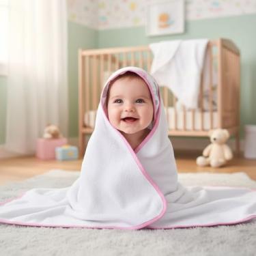 Imagem de Toalha de Banho para Bebê com Capuz Forrado em Fralda Algodão Toque Suave e Ótima Absorção Rosa