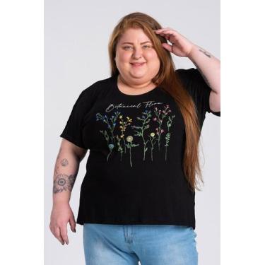 Imagem de Blusa Feminina Plus Size Malha Viscose Estampa Flores - Serena, Preto,