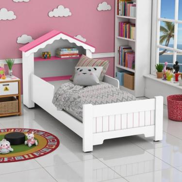 Imagem de Mini Cama Infantil Casinha Montessoriana com Grade de Proteção Branco Rosa para Colchão...