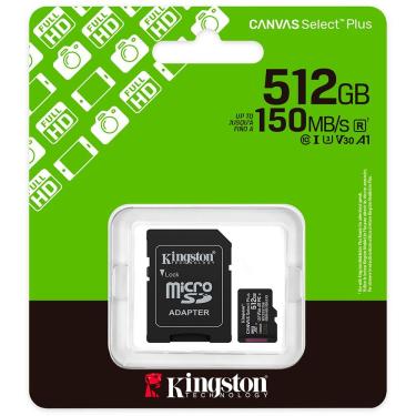 Imagem de Cartão de Memória Micro SD Kingston Canvas Select Plus C10 U1 V10 A1 512GB com Desempenho de Gravação em Full HD e 4K