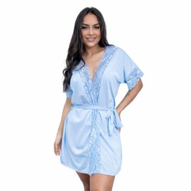 Imagem de Robe Feminino Luxo Microfibra com Renda, Roupão Confortável para Dormi