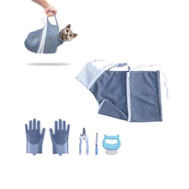 Imagem de KlerRoem Bolsa de banho para gatos, ajustável, antimordida e antiarranhões, bolsa de cuidados de malha para gatos e cães de estimação, inclui cortador de unhas para animais de estimação, lixa de unha, luva de cuidados e pente para gatos (cinza)