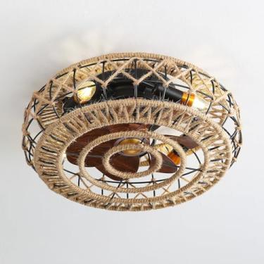 Imagem de Ventiladores de teto de 19,7" com luzes e controle remoto, luz de ventilador de teto de casa de fazenda com tecelagem de corda de cânhamo, montagem embutida Ventiladores de teto reversíveis