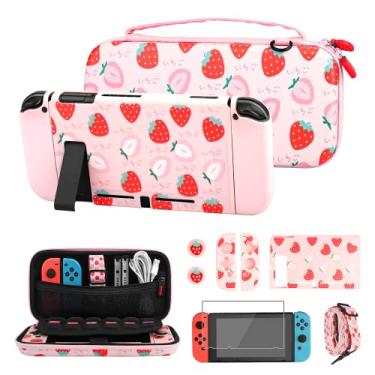 Imagem de FUNDIARY Estojo de transporte de morango fofo para Nintendo Switch, pacote de acessórios de bolsa de viagem para interruptor com capa protetora, protetor de tela, alça de ombro ajustável e 2 tampas de polegar de morango