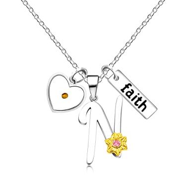 Imagem de Uloveido A-Z 26 Colar com pingente de girassol do alfabeto para mulheres, meninas, aço inoxidável, pingente religioso, coração, semente de mostarda, fé, nome e letra Y2930, Aço inoxidável, Zircônia
