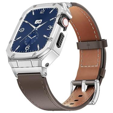 Imagem de HASLFM Capa de aço inoxidável e pulseira de couro compatível com Apple Watch 46 mm para homens, pulseira de couro genuíno para Apple Watch Series 10, café/prata